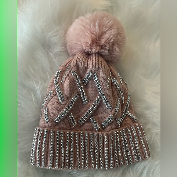 Accessories - Pink Knit Beanie with Rhinestone Accents